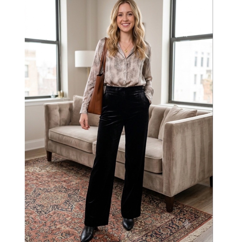 Calvin Klein Womens Black Velvet Wide Leg Dress Pants High Rise Size 6 NEW